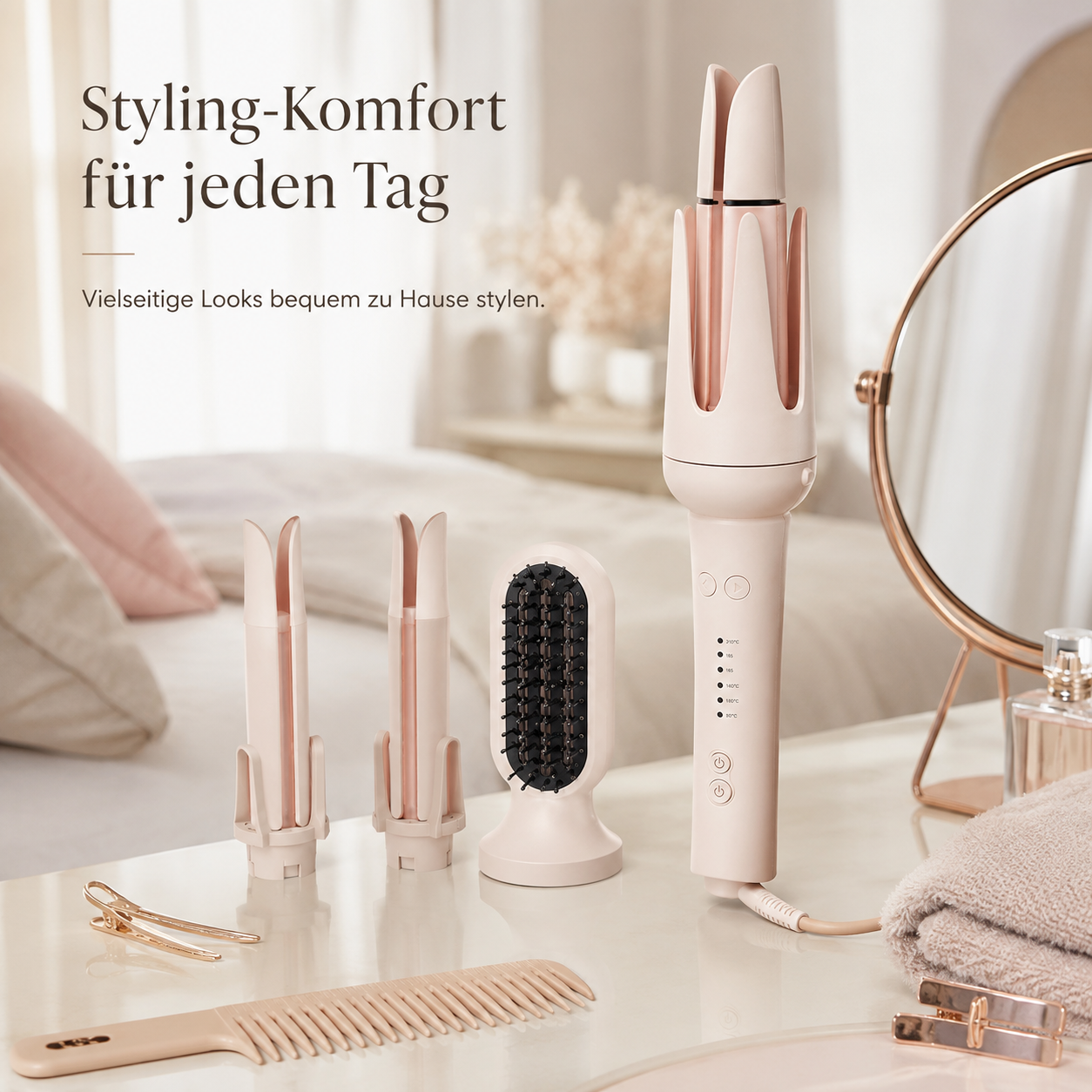 Rosa Haarglätter und Aufsätze auf hellem Tisch vor Schlafzimmerhintergrund mit Text.