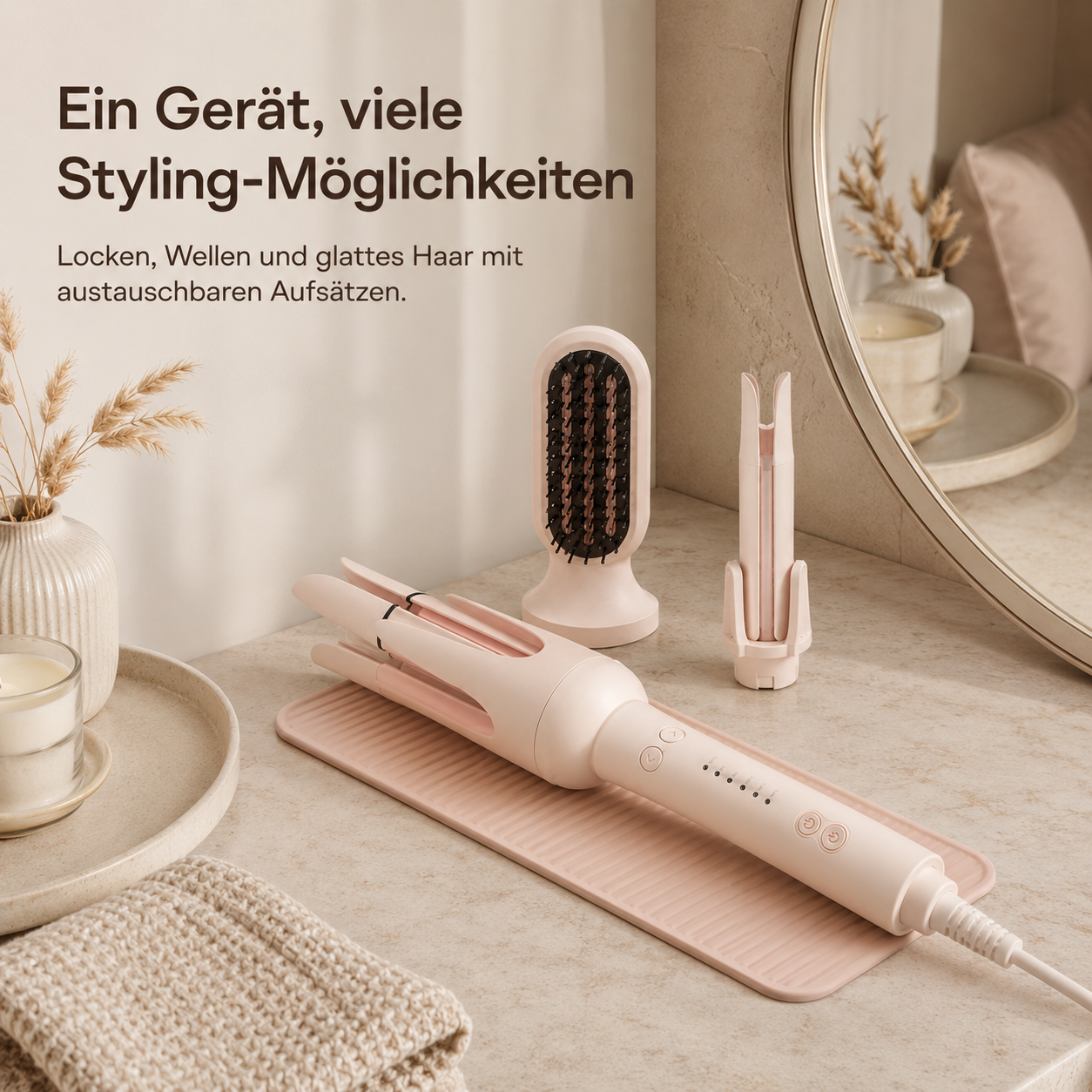 Rosa Multistyler und Aufsätze auf einer Matte mit deutschem Text.
