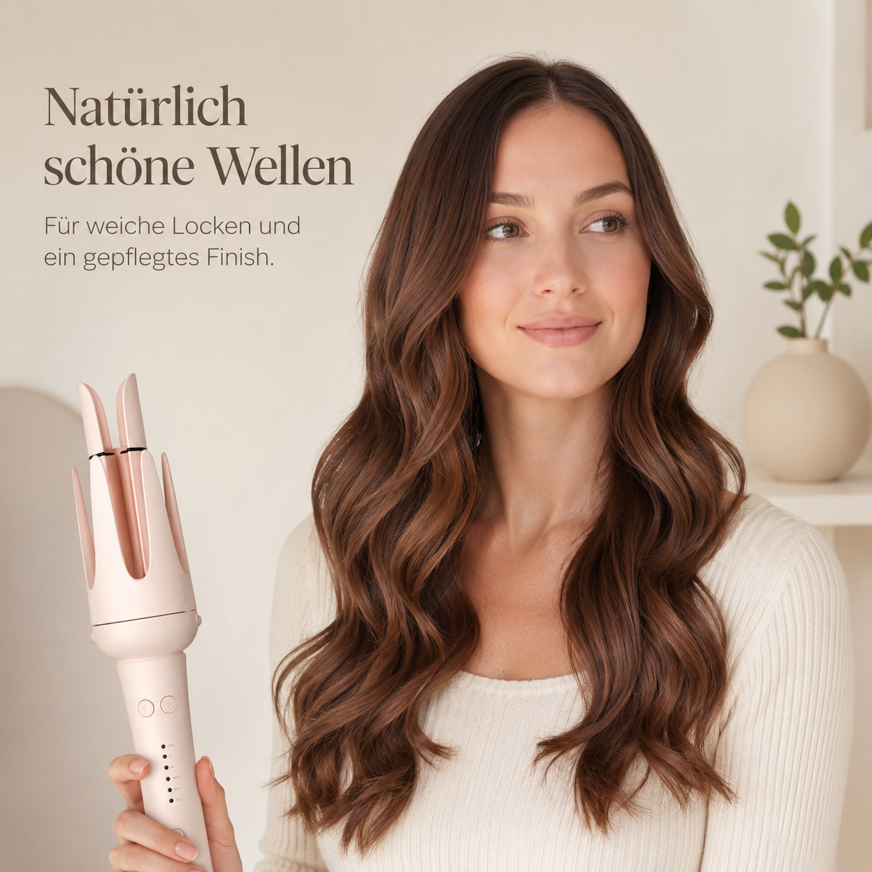 Eine Frau hält einen rosa Lockenstab in der Hand und zeigt sanfte Wellen in ihrem langen braunen Haar.