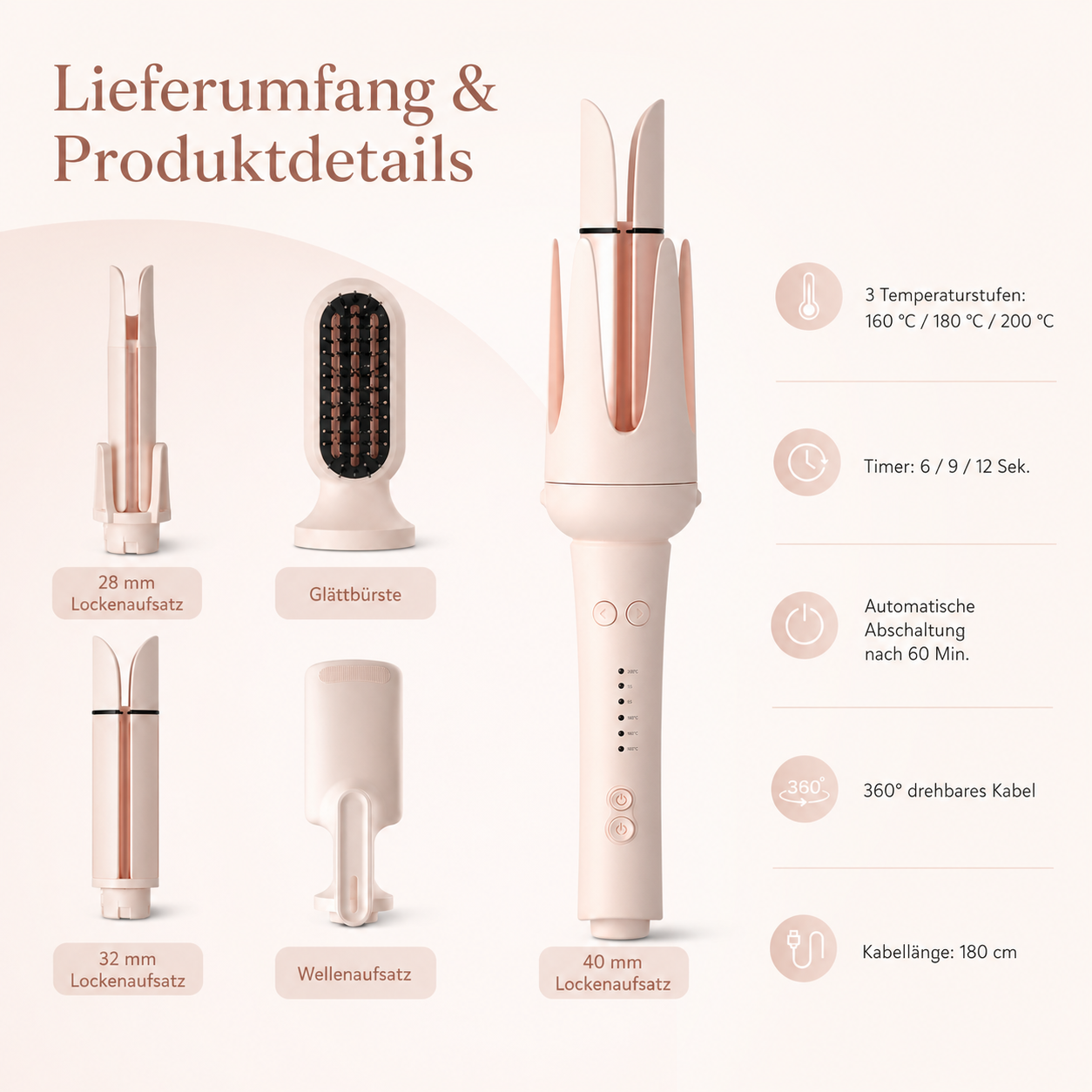Rosa automatischer Lockenstab mit vier austauschbaren Aufsätzen und Produktdetails auf beige Hintergrund.