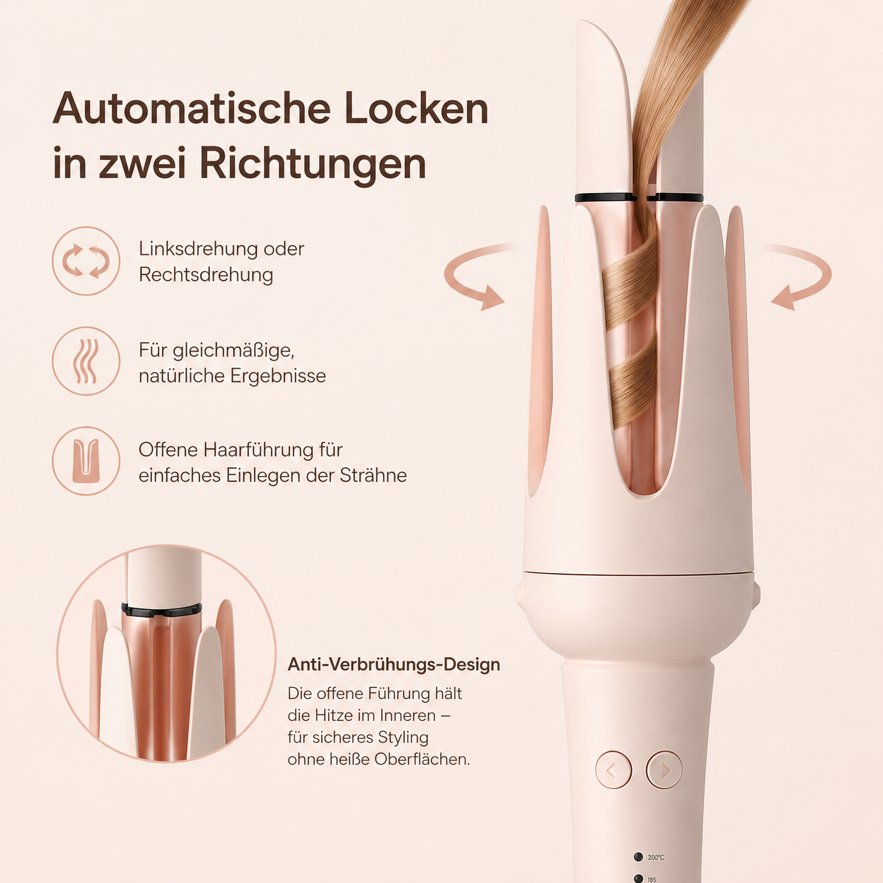Rosa automatischer Lockenstab lockt eine Haarsträhne, mit deutschen Produktmerkmalen und Text.
