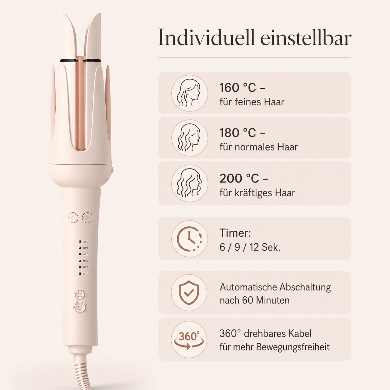 Rosa automatischer Lockenstab mit Temperatur-, Timer- und Kabelfunktionen auf beigem Hintergrund.