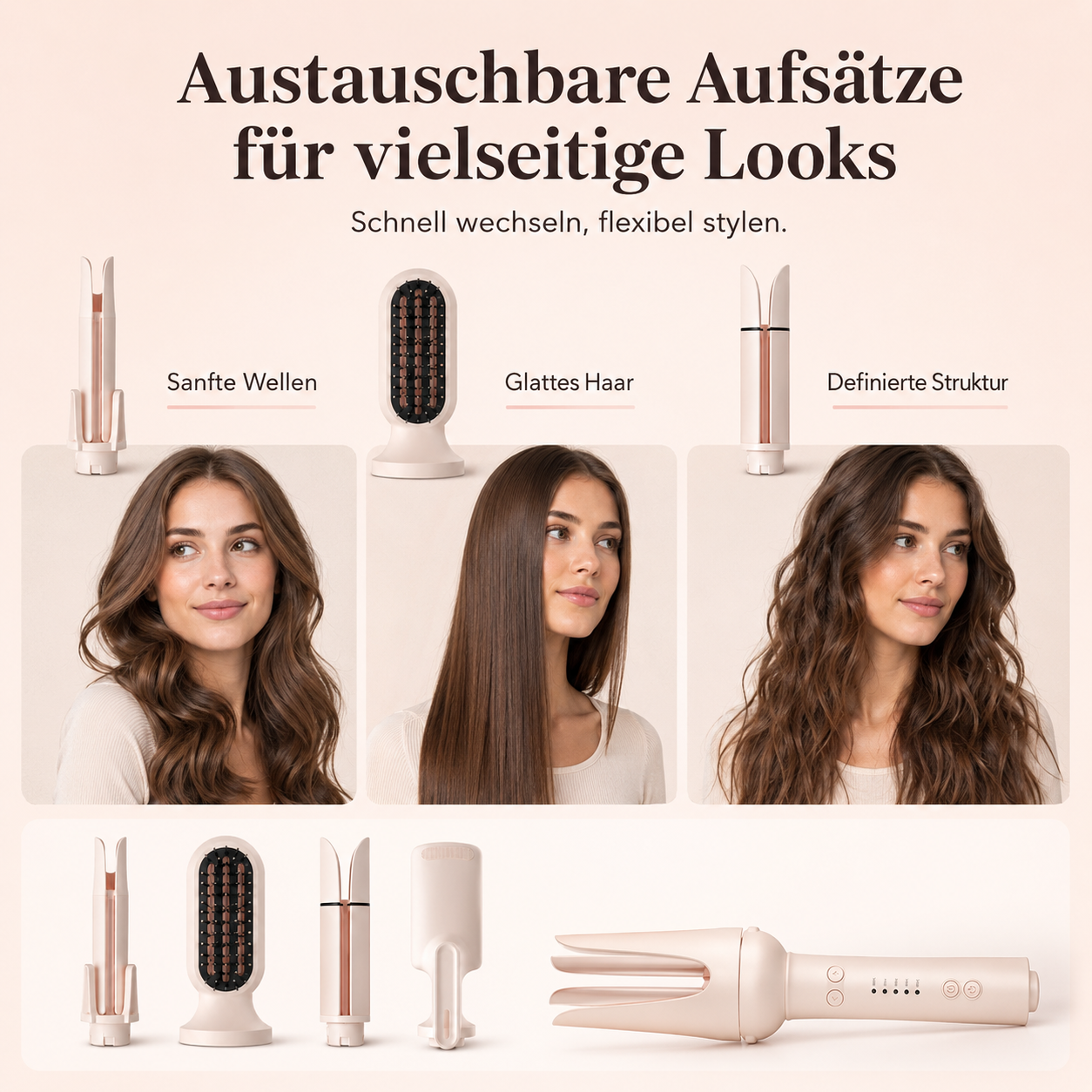 Verschiedene Aufsätze für einen Haartyler mit Modellen, die sanfte Wellen, glattes Haar und definierte Struktur zeigen.