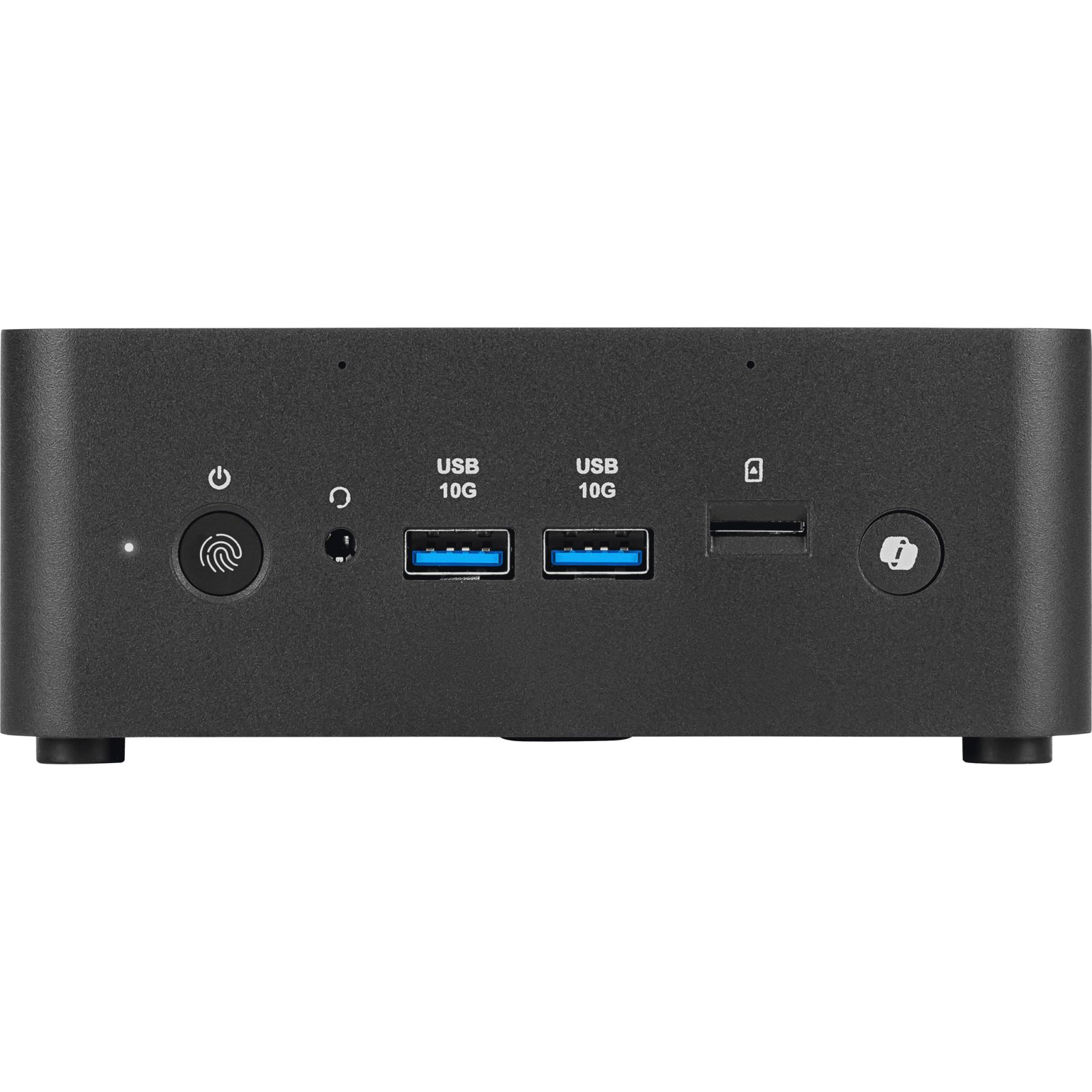 Pannello frontale di un mini PC nero con pulsante di accensione, jack audio, due porte USB 10G, lettore di schede e tasto info.