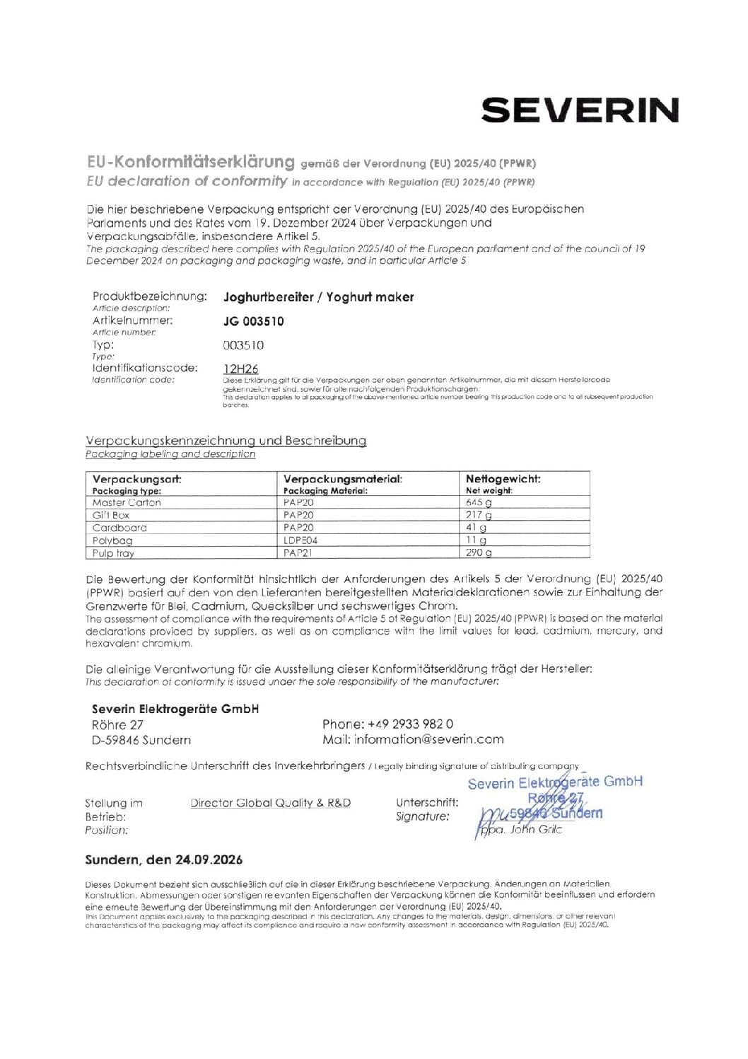 EU-Konformitätserklärung für Joghurtbereiter von Severin.