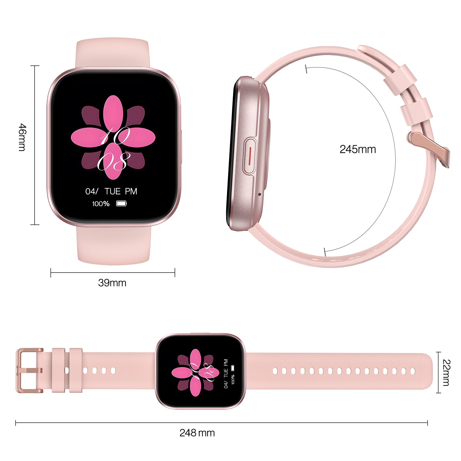 Smartwatch rosa con dimensiones: pantalla de 46x39 mm, correa de 245 mm, ancho de 22 mm y longitud total de 248 mm.