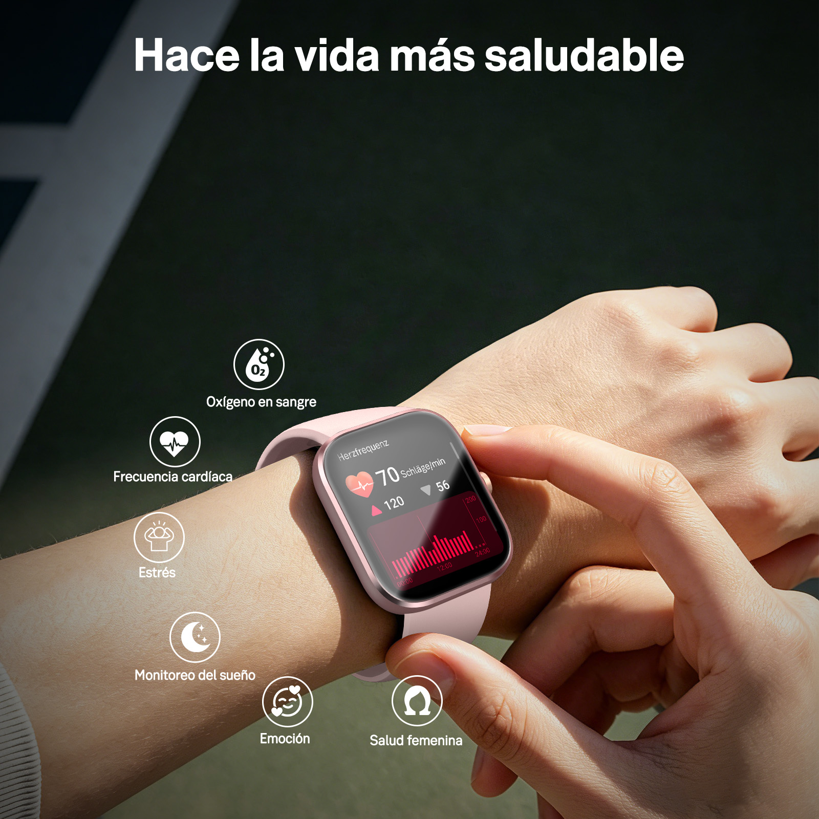 Una mano con un reloj inteligente rosa que muestra frecuencia cardiaca y salud.
