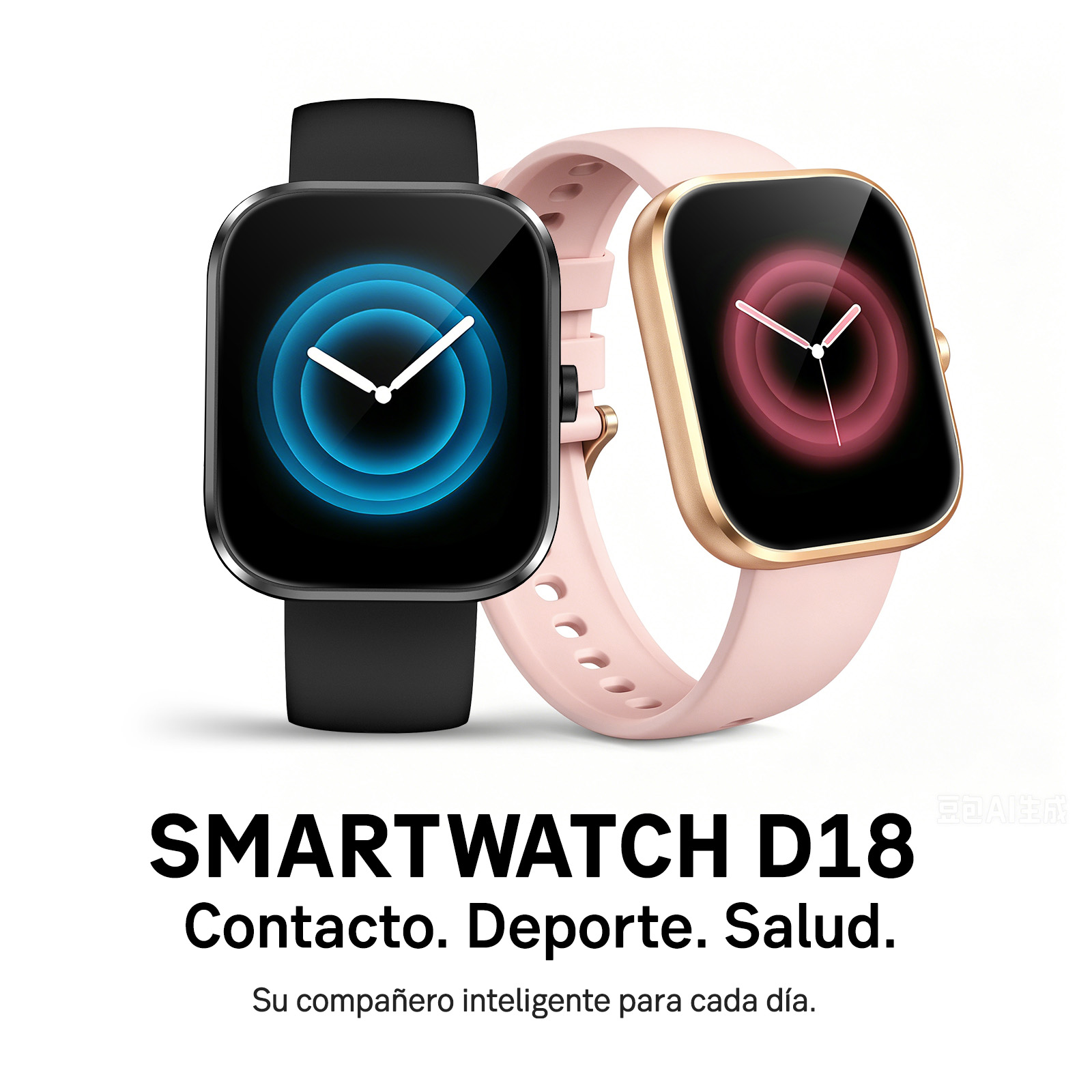 Dos relojes inteligentes con correas negra y rosa, con texto blanco al frente.