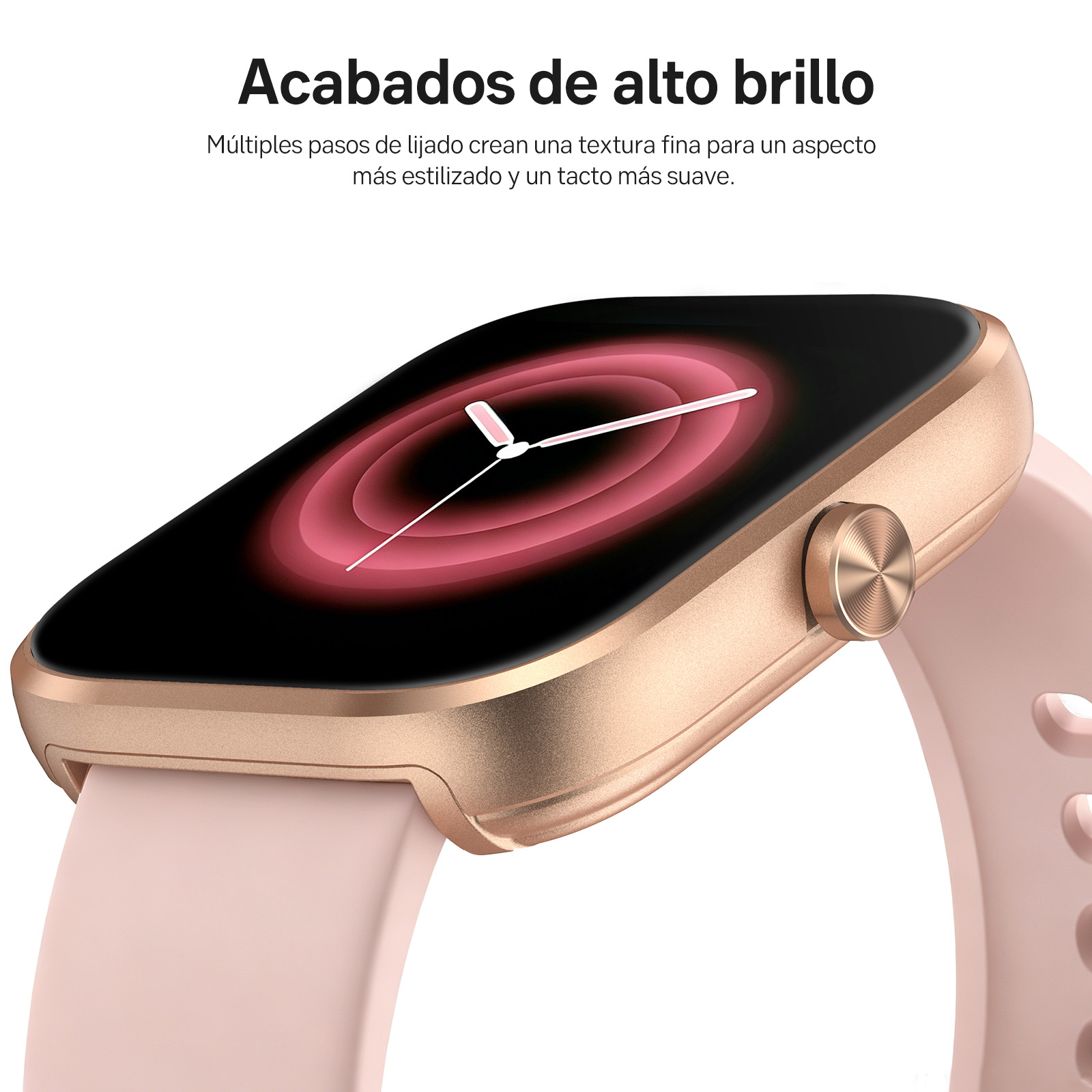 Un reloj inteligente de oro rosa con esfera brillante y correa rosa sobre fondo blanco.