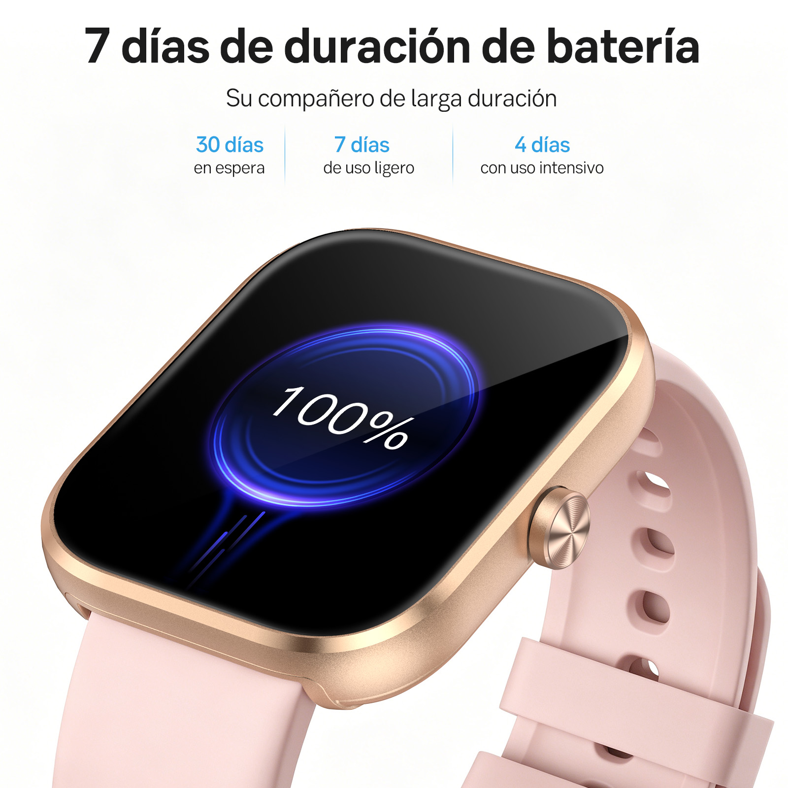 Smartwatch dorado con correa rosa muestra 100% de batería y texto en español arriba.