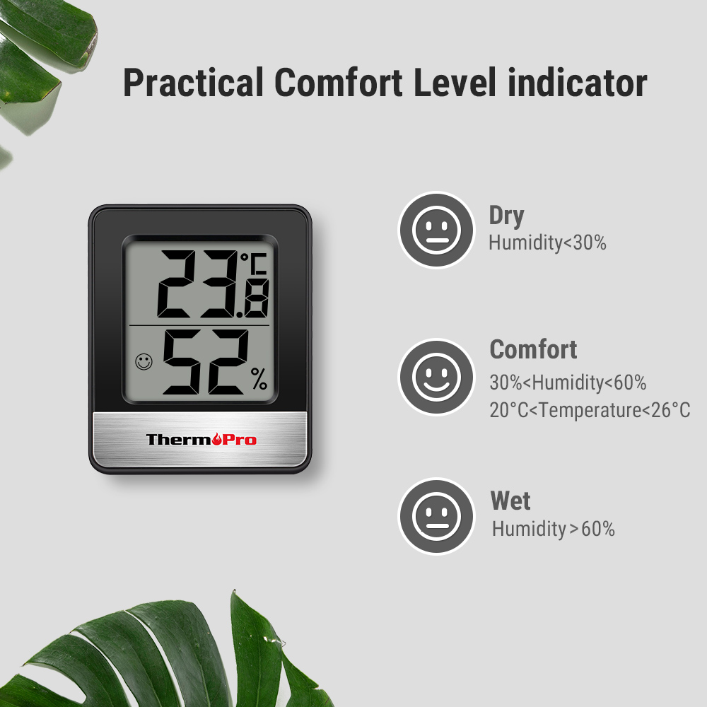 Ein ThermoPro Hygrometer zeigt 23,8°C und 52% Luftfeuchtigkeit, mit Komfortstufenanzeige.