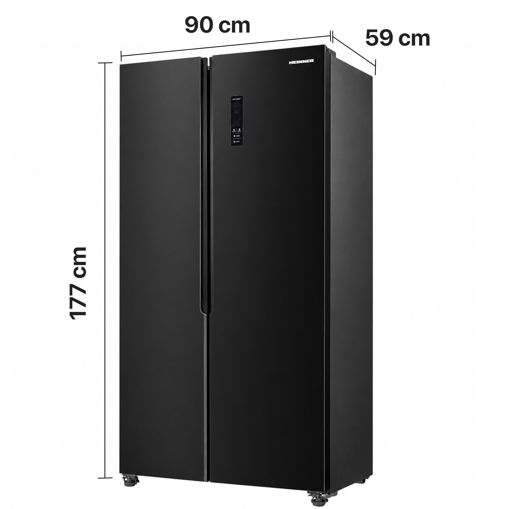 Schwarzer Side-by-Side-Kühlschrank mit Maßen: 177 cm Höhe, 90 cm Breite, 59 cm Tiefe.