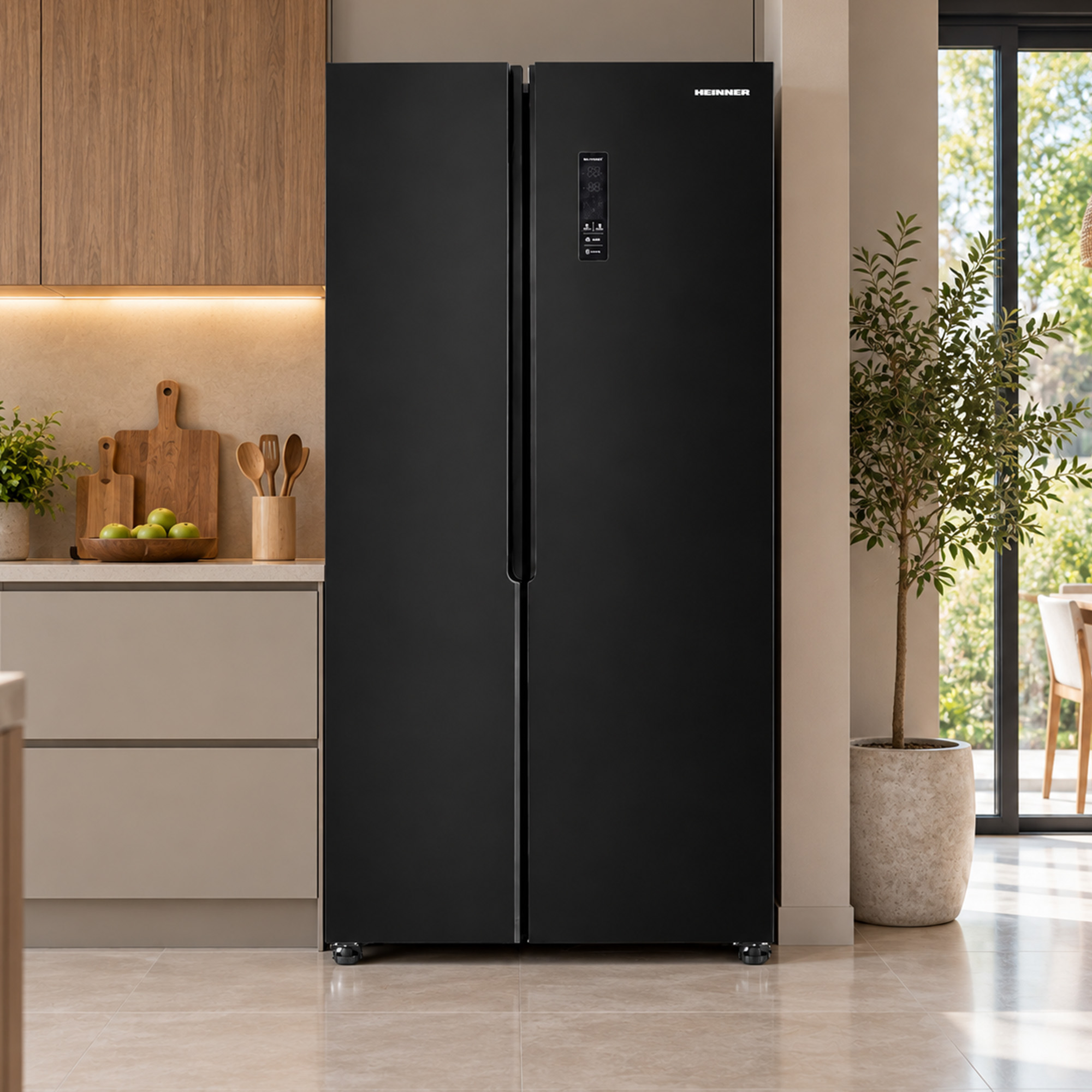 Ein großer schwarzer Kühlschrank steht in einer modernen Küche mit Holzwänden und einer Grünpflanze daneben.