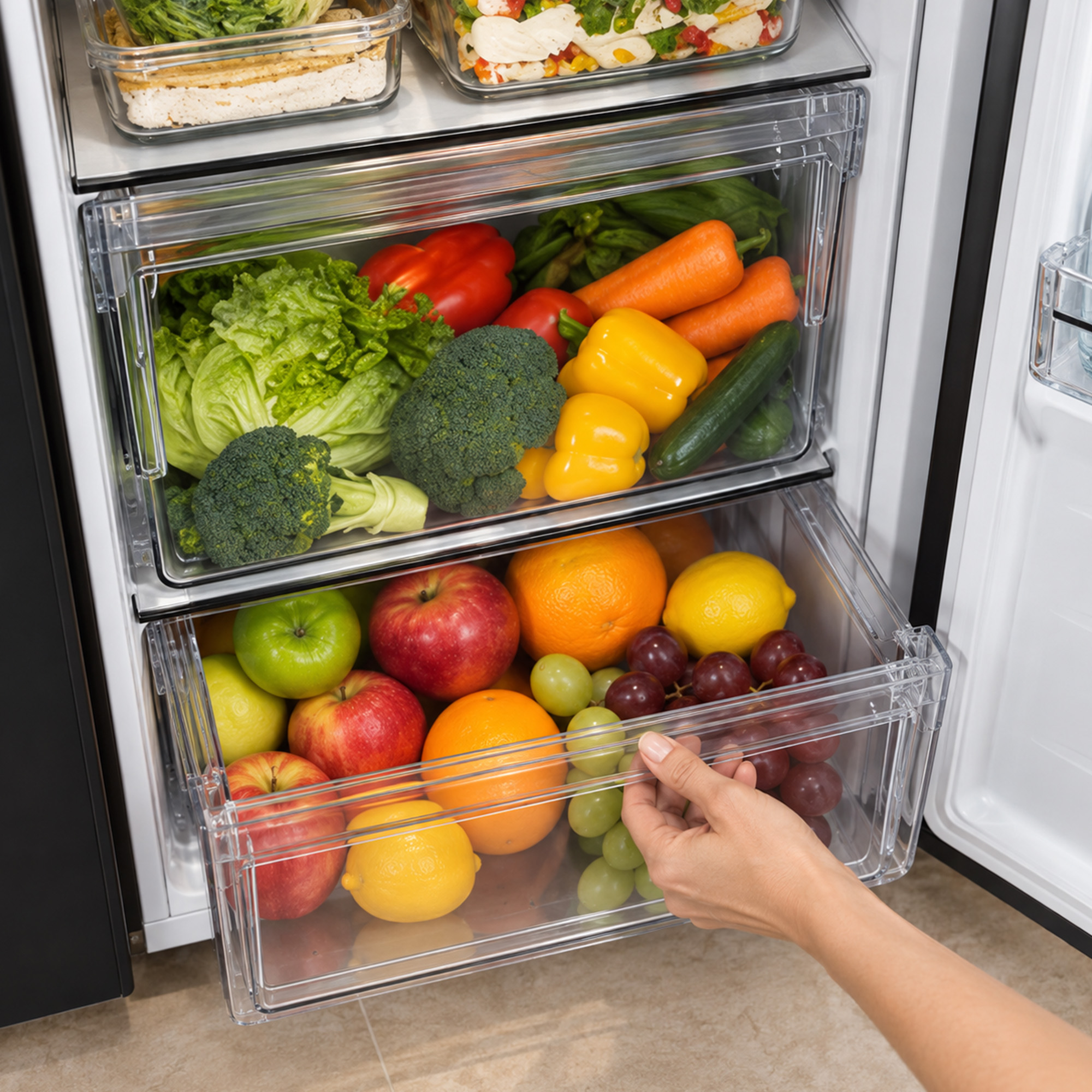 Eine Hand öffnet die untere Schublade eines Kühlschranks mit frischem Obst und Gemüse.