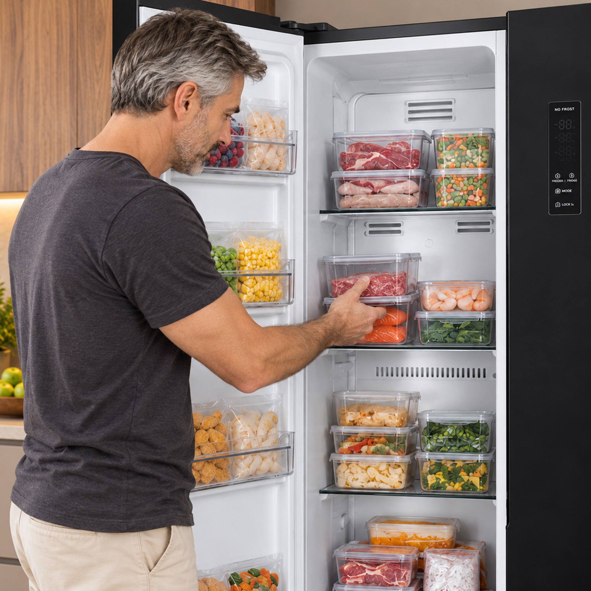 Ein graugesprenkelter Mann nimmt einen Behälter mit Fleisch aus einem gefüllten Kühlschrank.