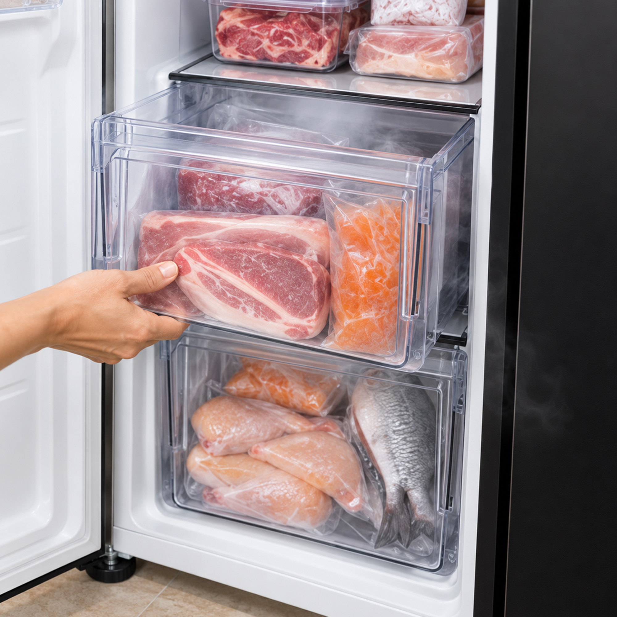 Hand zieht eine geöffnete Gefrierschublade voller verpacktem Fleisch und Fisch auf.