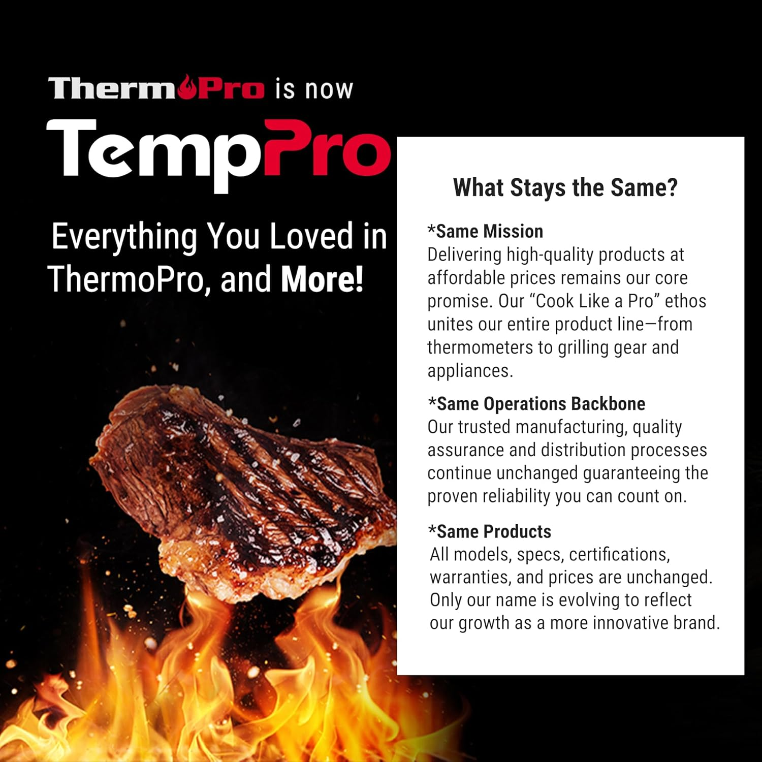 Ankündigung der Namensänderung von ThermPro zu TempPro über einem Steak über Flammen mit Text über Unternehmensversprechen.