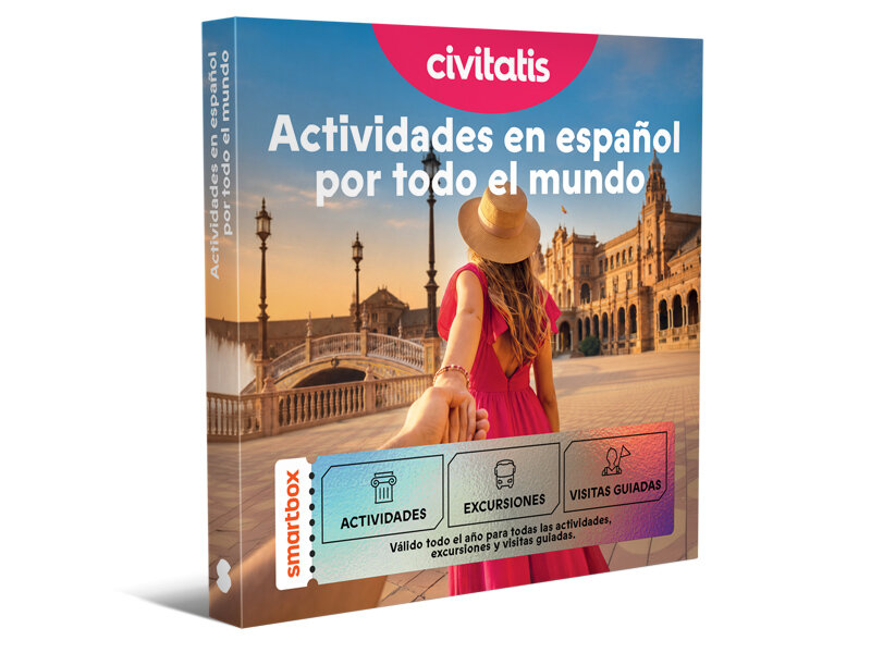 Una caja de regalo de Civitatis muestra a una mujer con vestido rojo sosteniendo una mano ante una plaza y puente europeos.