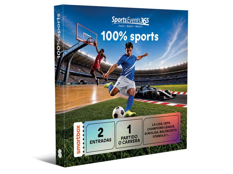 Una caja promocional de SportsEvents365 muestra a un jugador de fútbol, un mate de baloncesto y un coche de carreras.