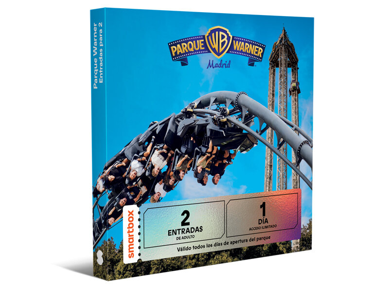 Caja de regalo del Parque Warner Madrid con una montaña rusa y torre bajo el cielo azul.