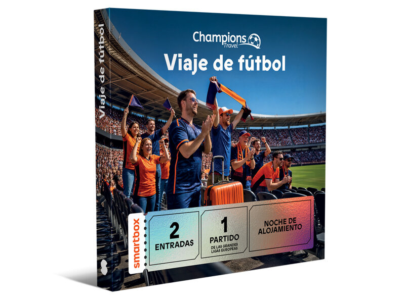 Caja de regalo para viaje de fútbol con imagen de estadio y texto para entradas y hotel.