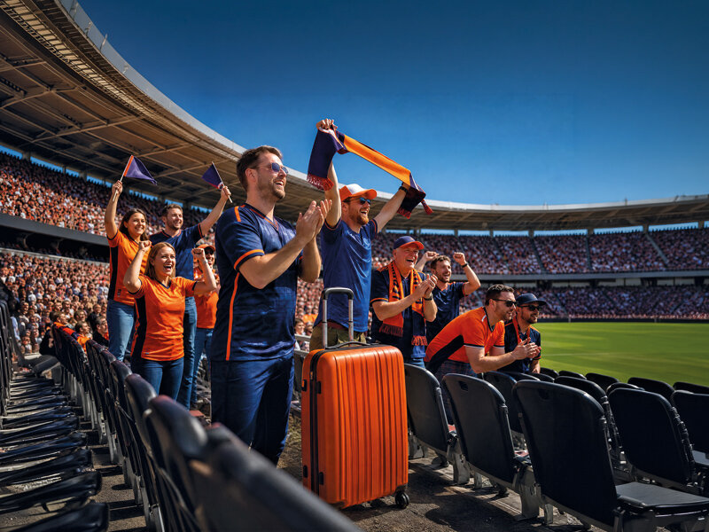 Aficionados vitorean en un estadio grande y soleado con una maleta naranja en primer plano.