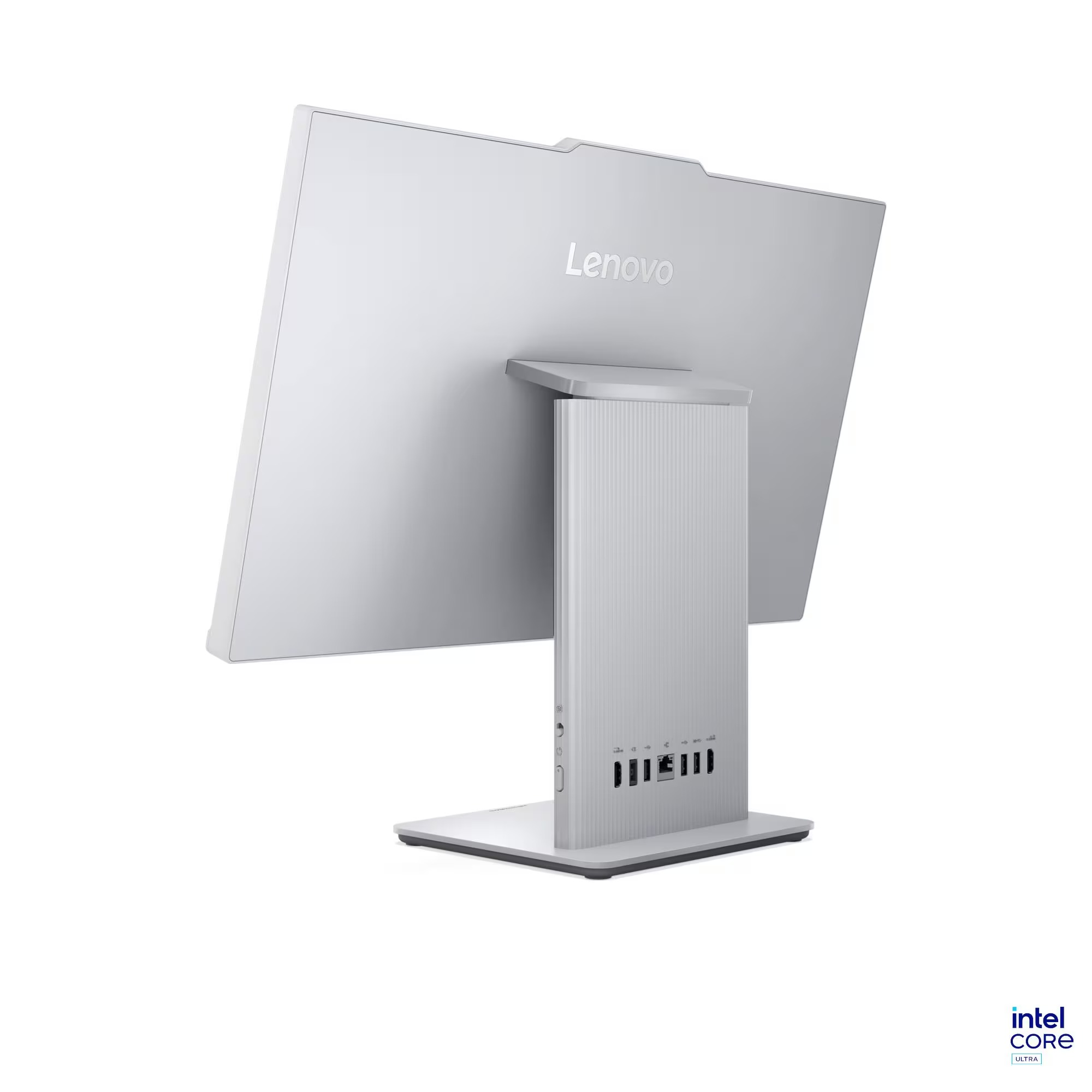 Standında bağlantı noktaları bulunan gümüş rengi bir Lenovo hepsi bir arada bilgisayarın arka görünümü.