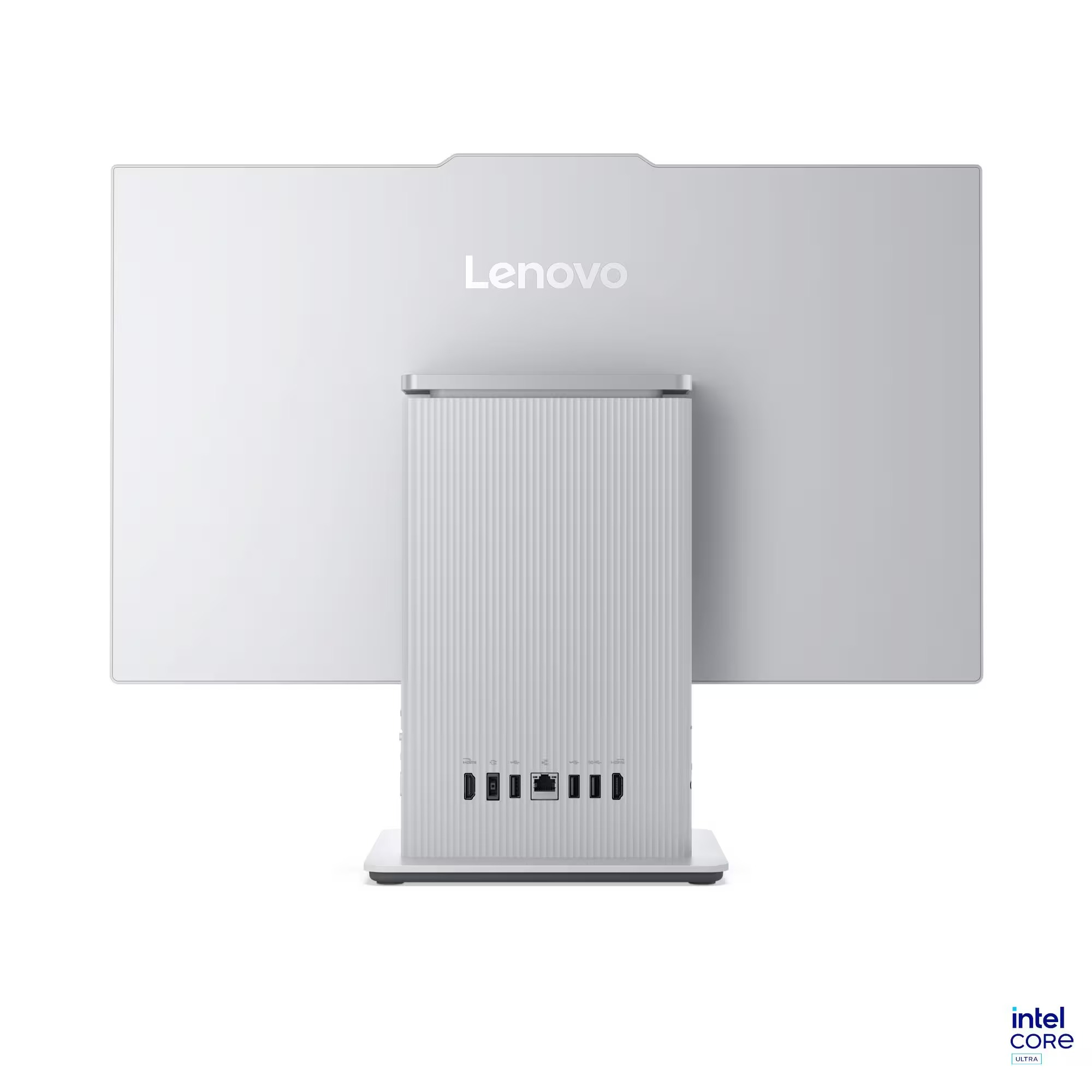Yivli ayaklı ve çeşitli bağlantı noktalarına sahip açık renkli Lenovo monitörün arkası.