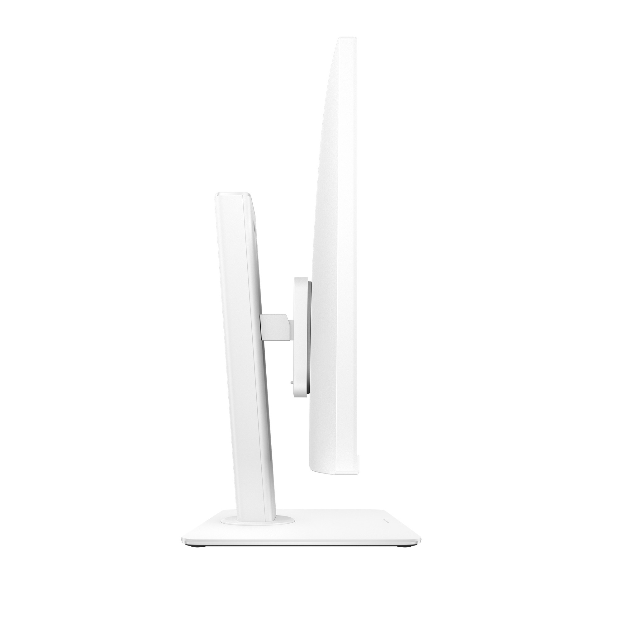 Beyaz arka planda stand üzerinde duran modern beyaz bir bilgisayar monitörünün yan görünümü.