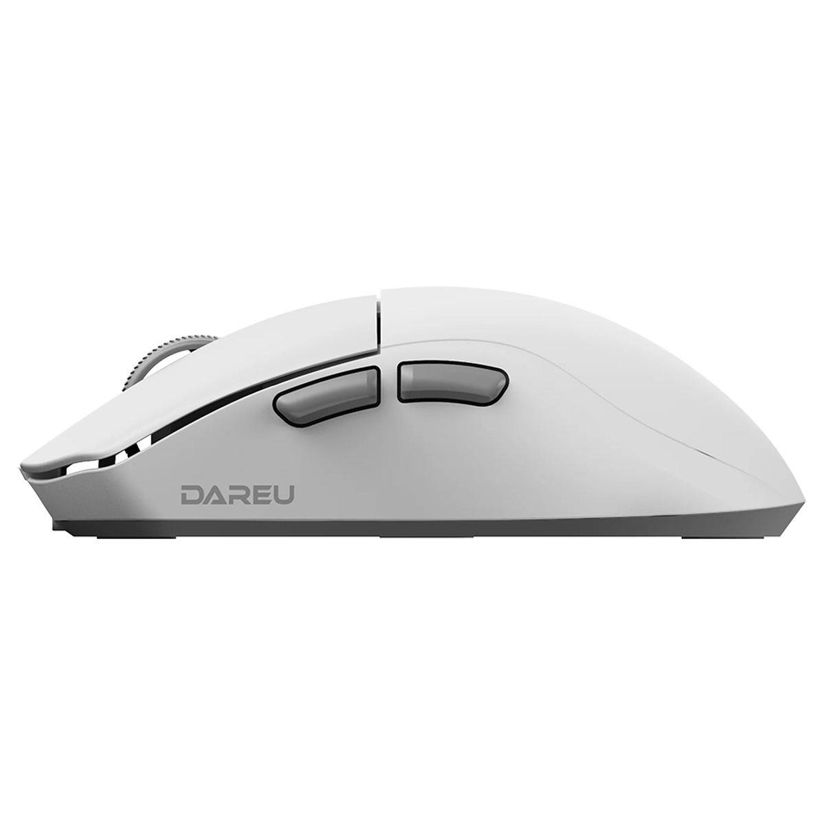 İki gri yan tuşa ve DAREU logosuna sahip beyaz kablosuz oyuncu mouse'unun yandan görünümü.