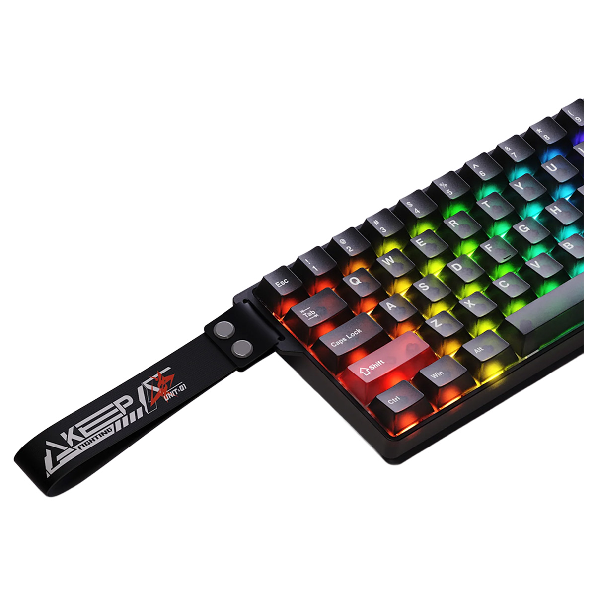 AKEP yazılı taşıma kayışına ve RGB arka aydınlatmaya sahip siyah bir oyun klavyesi.