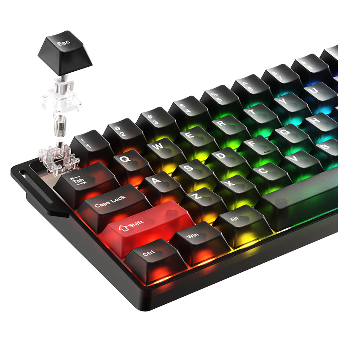 RGB arka aydınlatmalı siyah mekanik klavye ve Esc tuşu ile anahtarının patlatılmış görünümü.