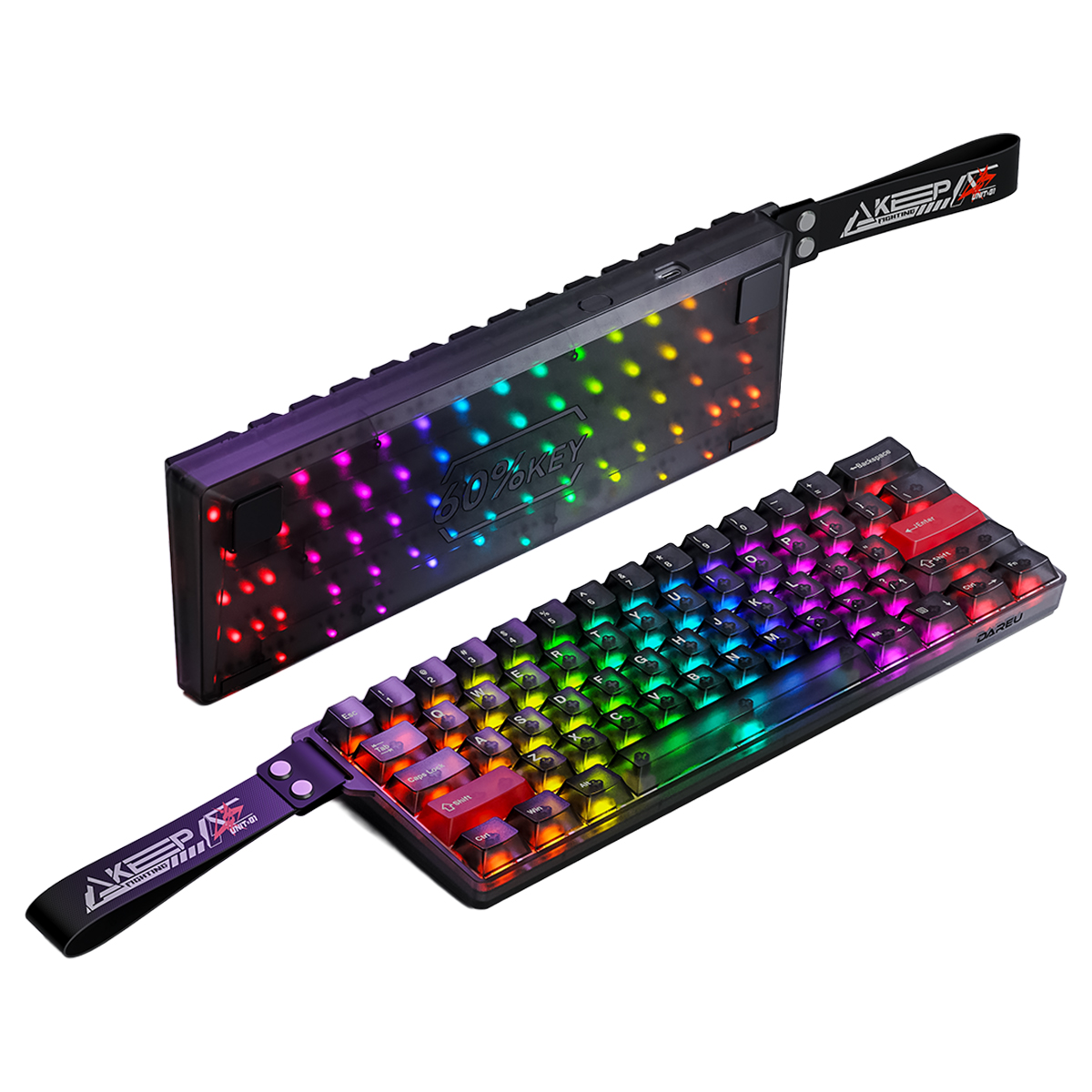 Siyah kapaklı ve taşıma kayışlı kompakt %60 RGB aydınlatmalı klavye.