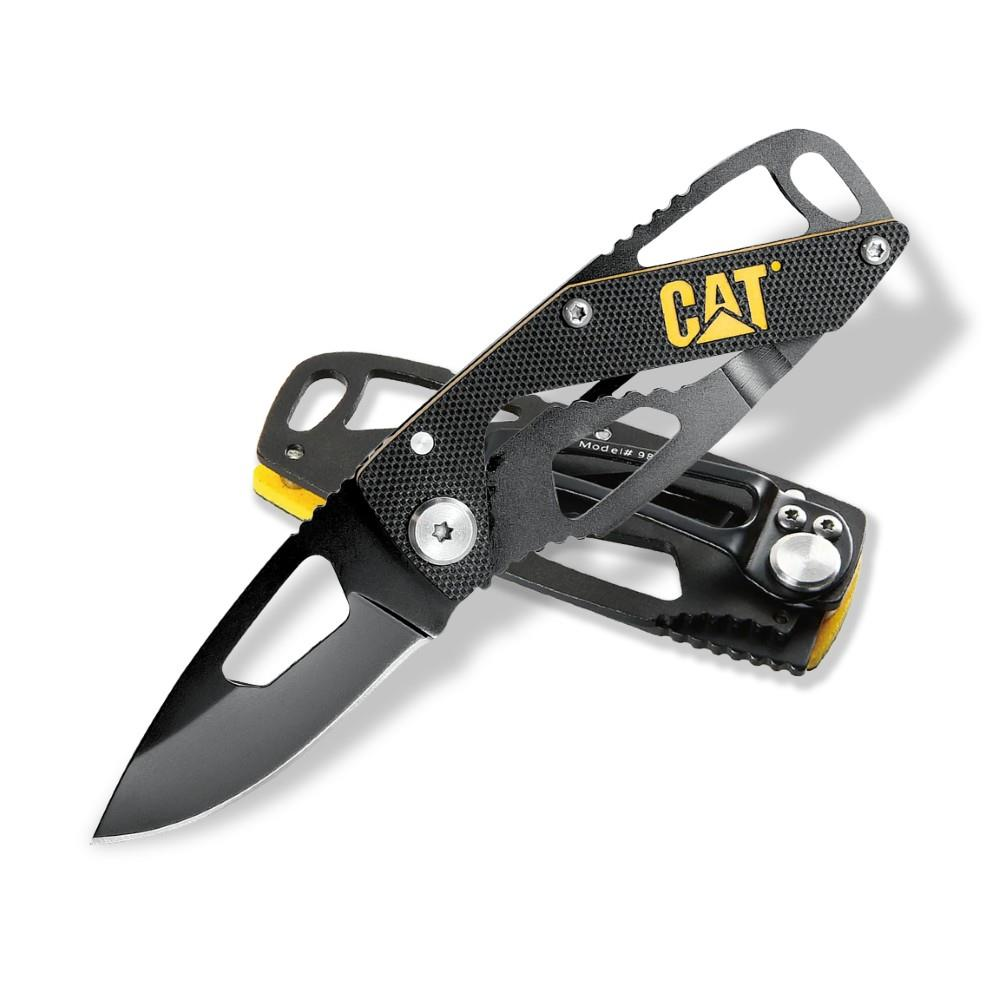 Beyaz arka planda açık iskelet saplı ve metal bıçaklı siyah ve sarı CAT cep bıçağı.
