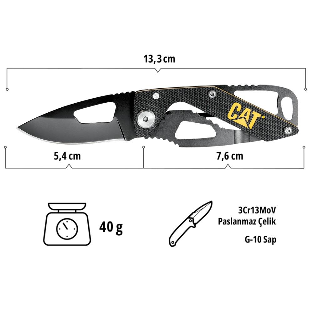 Siyah CAT çakının teknik özellikleri: 13.3 cm uzunluk, 40 g ağırlık, çelik bıçak ve G-10 sap.