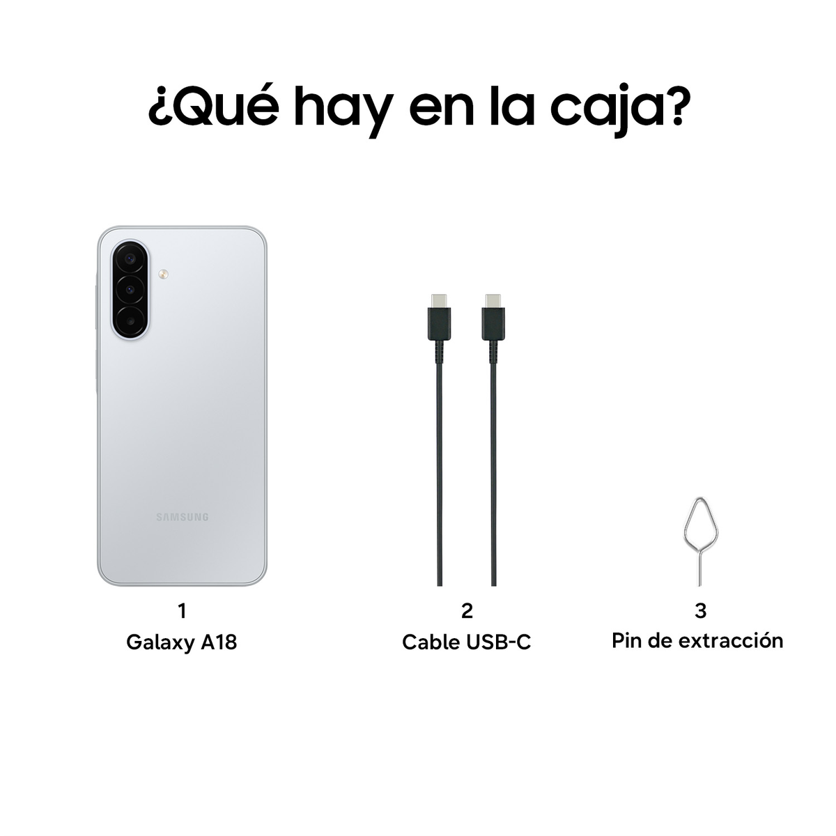 Contenuto della confezione: uno smartphone bianco, un cavo USB-C e una spilla per SIM.