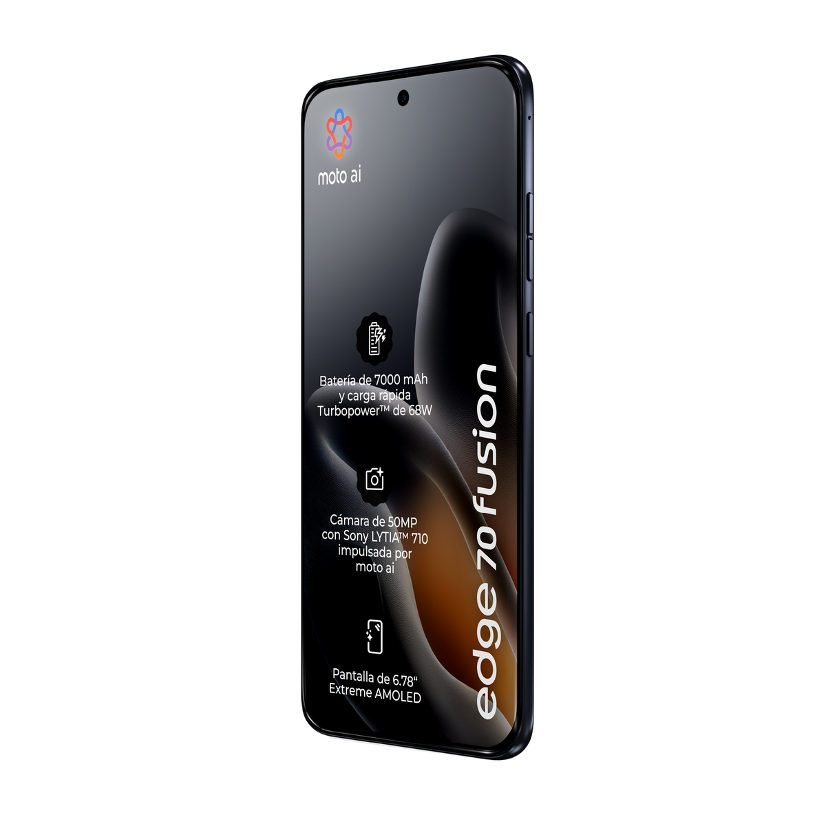 Ciemny smartfon z baterią 7000 mAh, aparatem 50 MP i ekranem AMOLED 6,78 cala na czarnym tle.