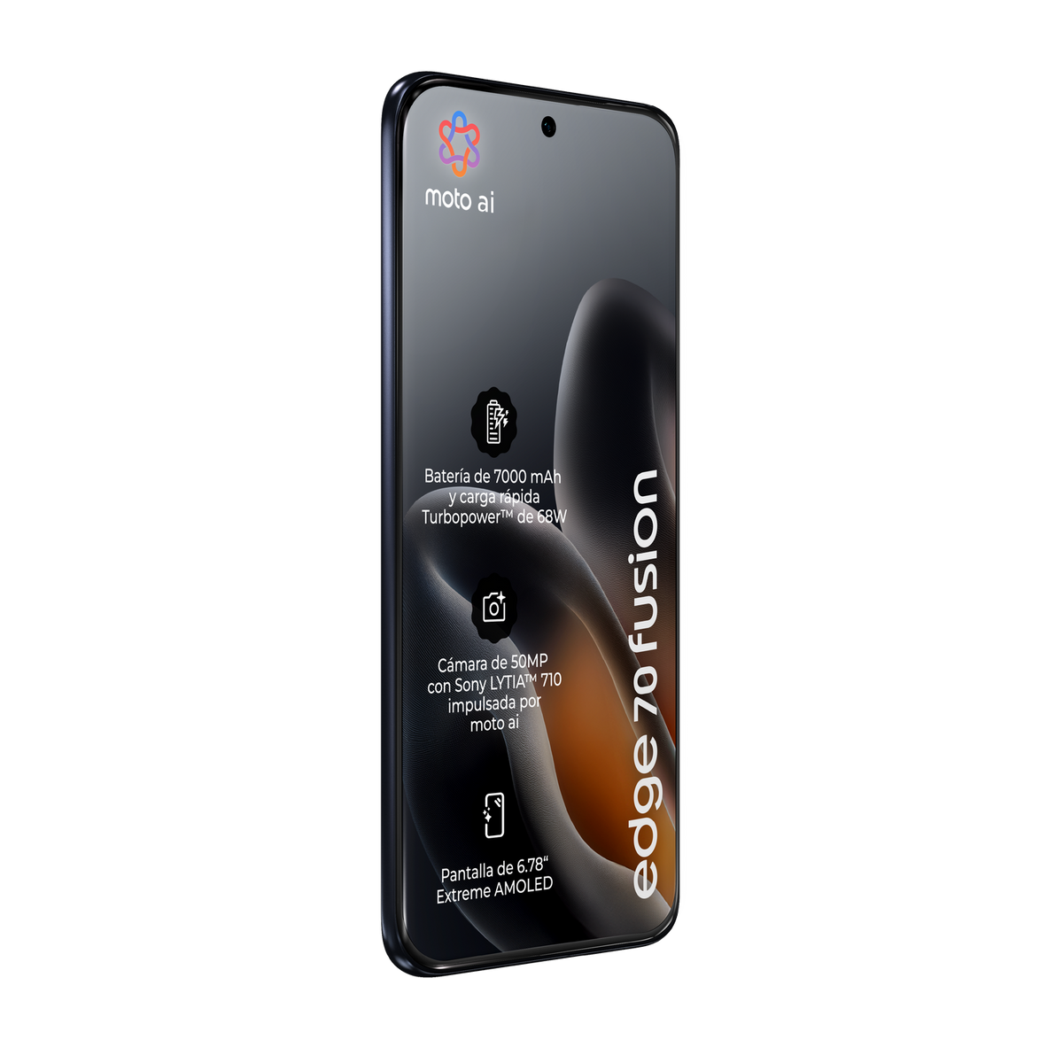 Smartfon wyświetla specyfikacje produktu na ekranie na czarnym tle.