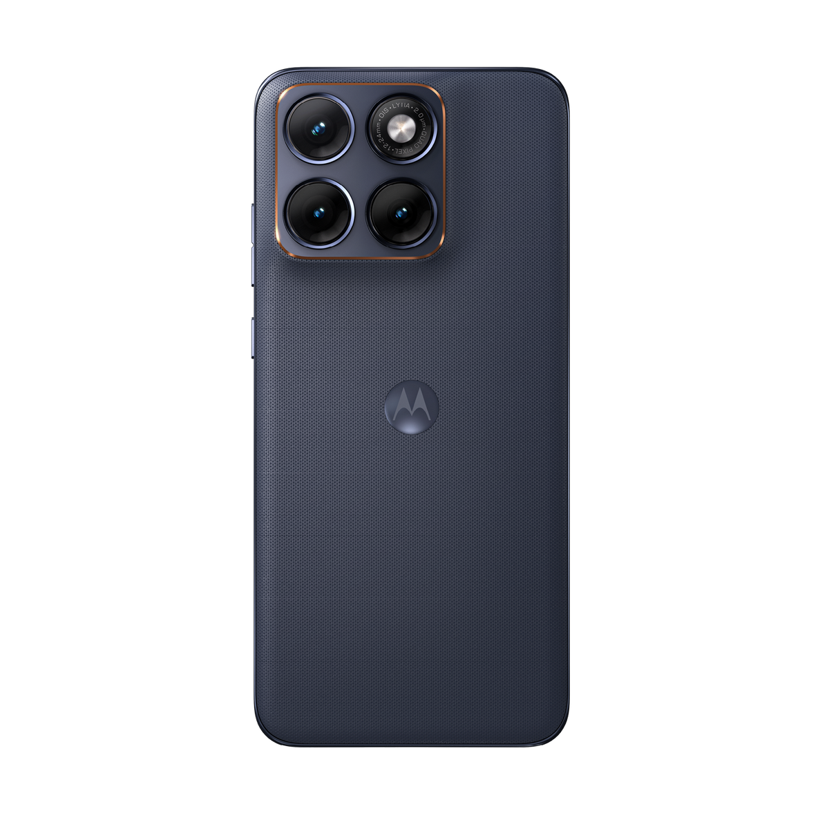 Tył niebieskiego smartfona Motorola z modułem czterech aparatów i logo.