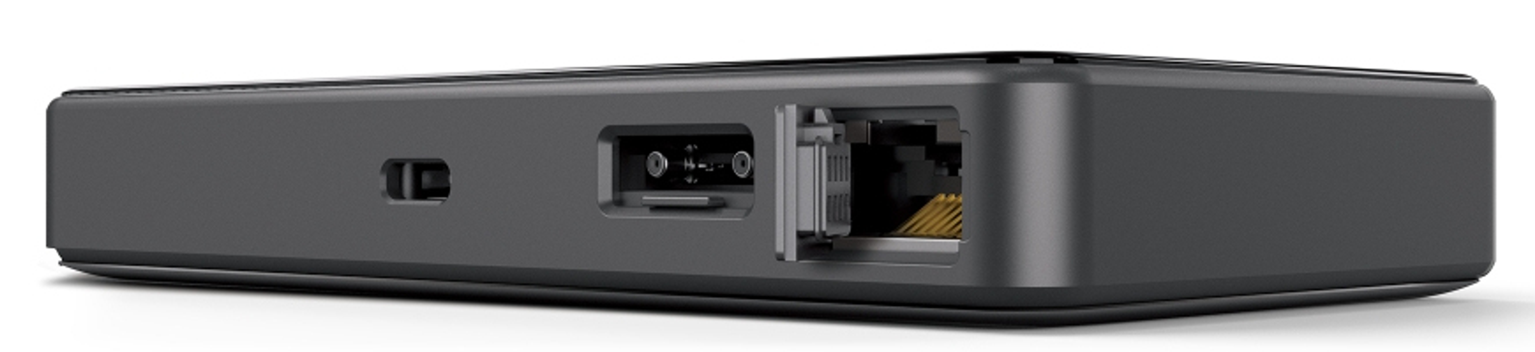 Czarne urządzenie elektroniczne pokazujące z boku mały port, port USB i otwarty port Ethernet.