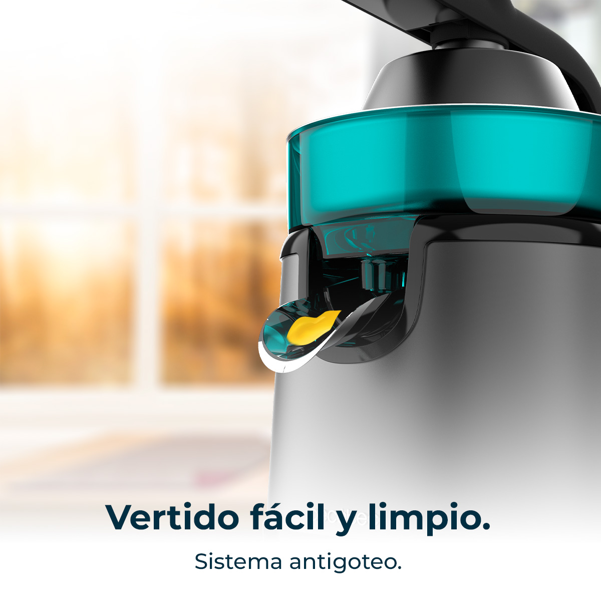 Primer plano de un electrodoméstico moderno con pulpa amarilla y texto.