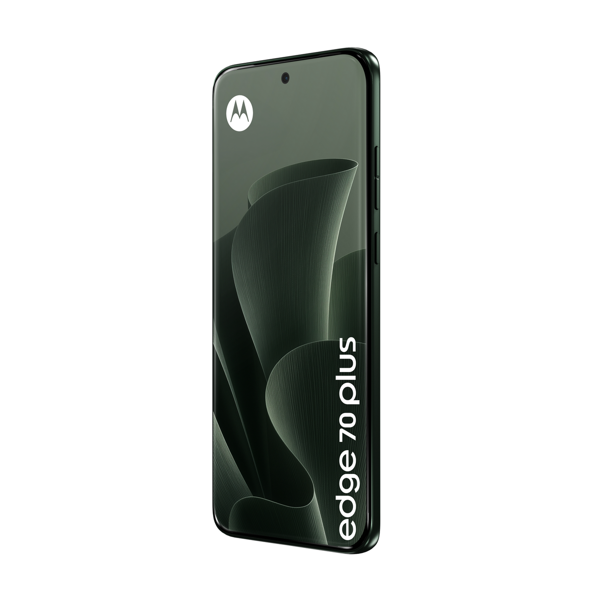 Uno smartphone Motorola Edge 70 plus verde scuro con un motivo astratto ondulato sullo schermo su sfondo bianco.