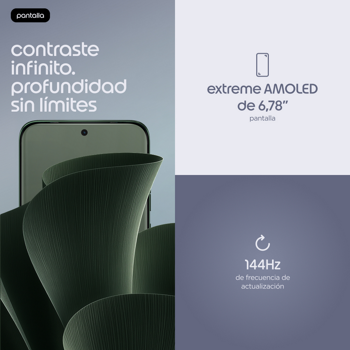 Schermo per smartphone con contrasto infinito, display AMOLED da 6,78 pollici e frequenza di aggiornamento a 144Hz.