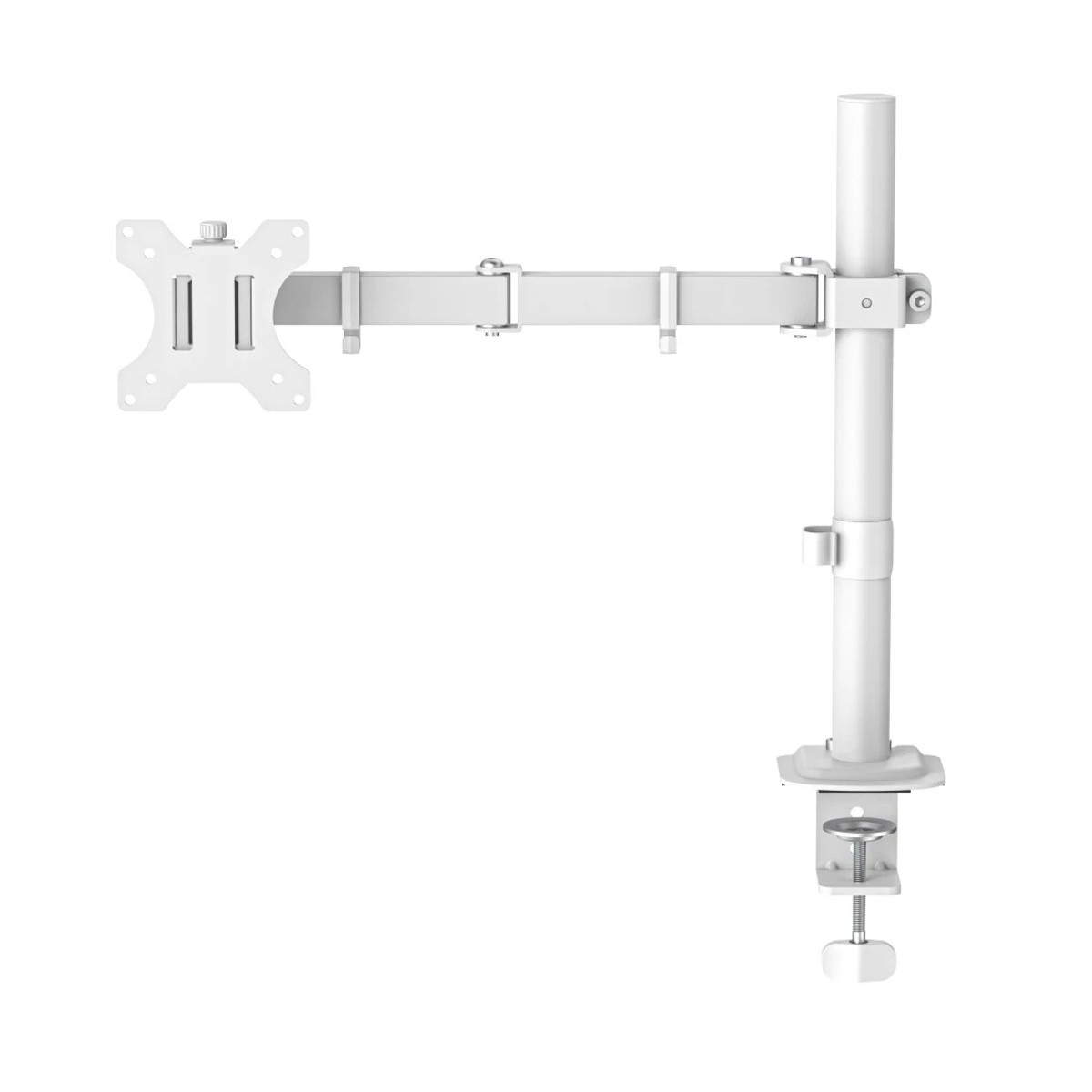 Un soporte de escritorio para monitor ajustable blanco con abrazadera.
