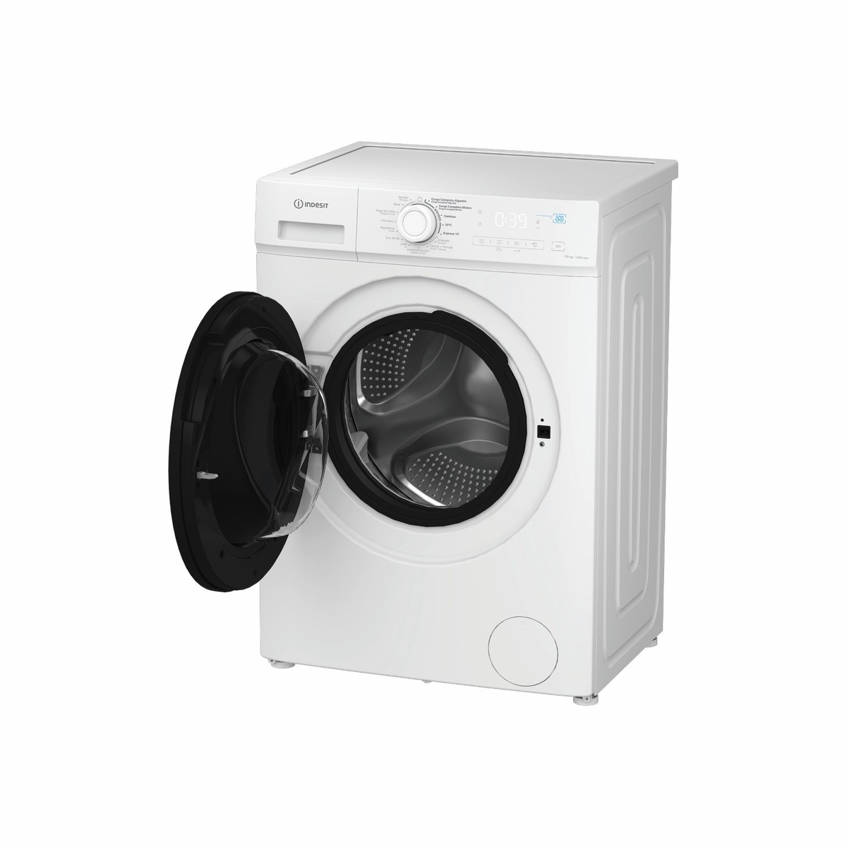 Una lavadora blanca Indesit con la puerta negra abierta y tambor de acero inoxidable sobre fondo blanco.
