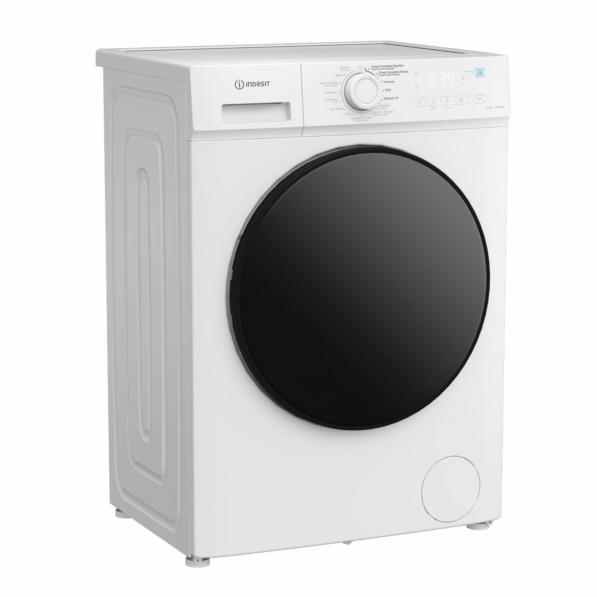 Una lavadora blanca Indesit con puerta circular negra y panel de control sobre fondo blanco.