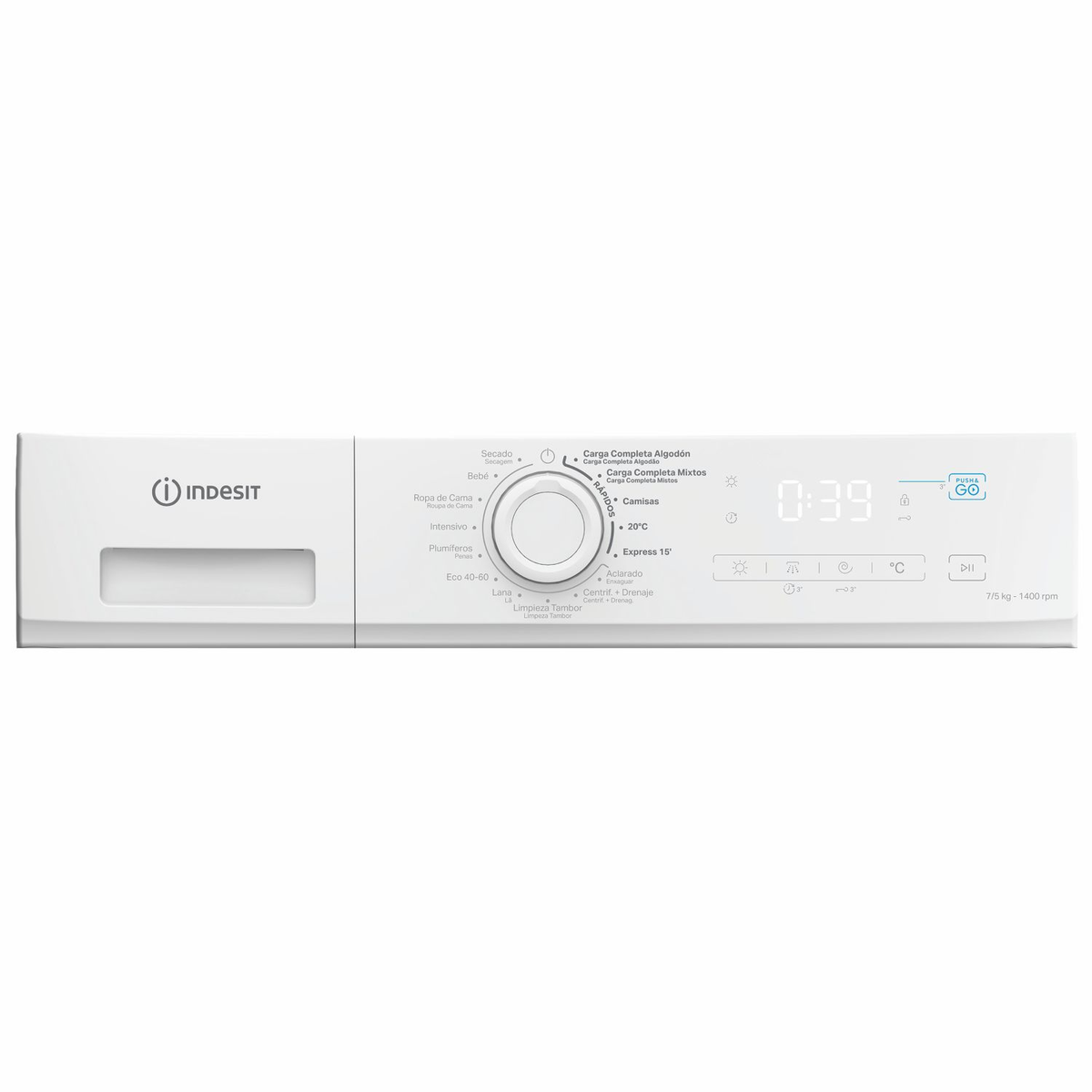 Panel de control de lavadora Indesit blanco con mando central, pantalla digital y ajustes de programa.