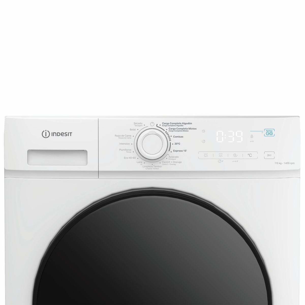 Panel frontal de una lavadora blanca Indesit con puerta negra y pantalla digital.