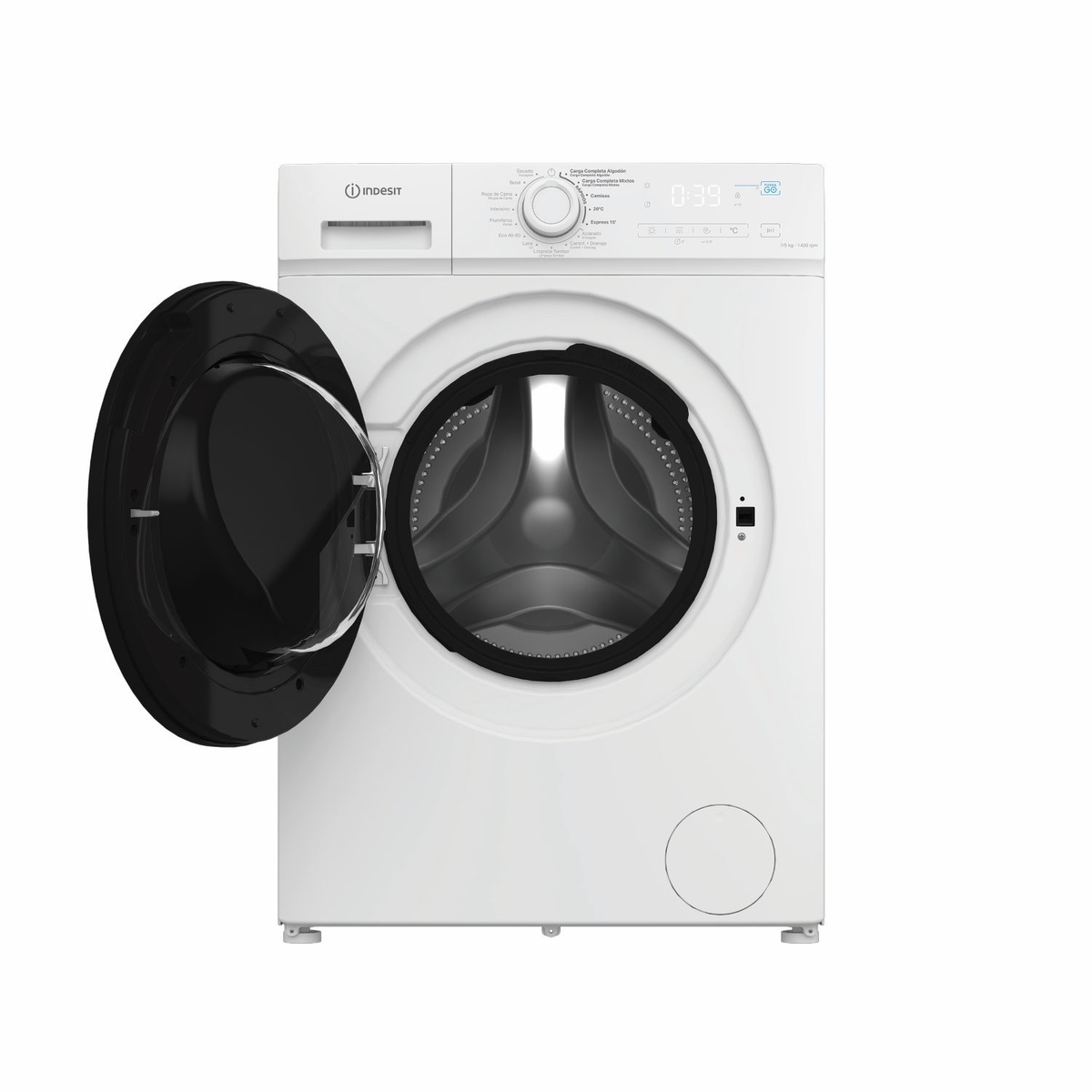 Una lavadora frontal blanca Indesit con la puerta negra abierta sobre fondo blanco.