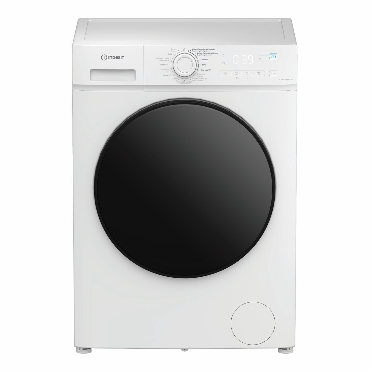 Una lavadora de carga frontal Indesit blanca con puerta de ojo de buey negra y pantalla digital.